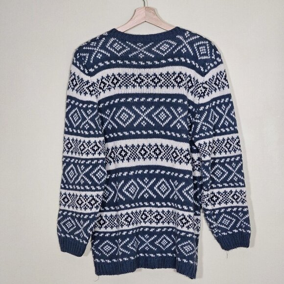 Over Pull Scandinavian Pattern Cardigan Womens L Blue White LS Cottage Lagenlook - Picture 2 of 14